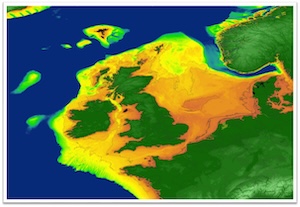 Karte mit dem Doggerland (gelb, orange und hellgrün gefüllte Flächen) mit Einzeichnung der heutigen Landflächen © European Commission Directorate-General for Research and Innovation